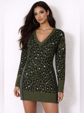 Topshop Green Leopard V-Neck Sweater Dress